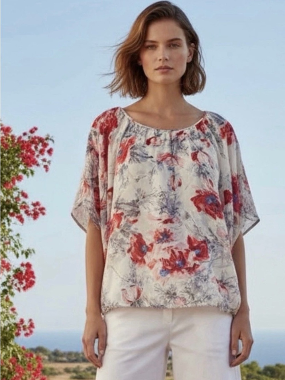 Cabi 100% Silk Washable Floral Print Cocoon Blouse Top OS  Boho Summer